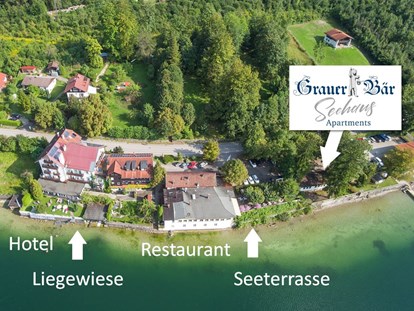 Hotels am See - Garten mit Seezugang - Bayern - Seehotel Grauer Bär - Übersicht - Seehaus Apartments am Kochelsee