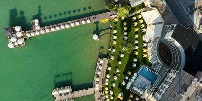 Hotels am See - Verpflegung: Frühstück - Luftansicht Liegewiese, Badesteg und Seezugang - Hotel & Spa Sonne Klopeinersee